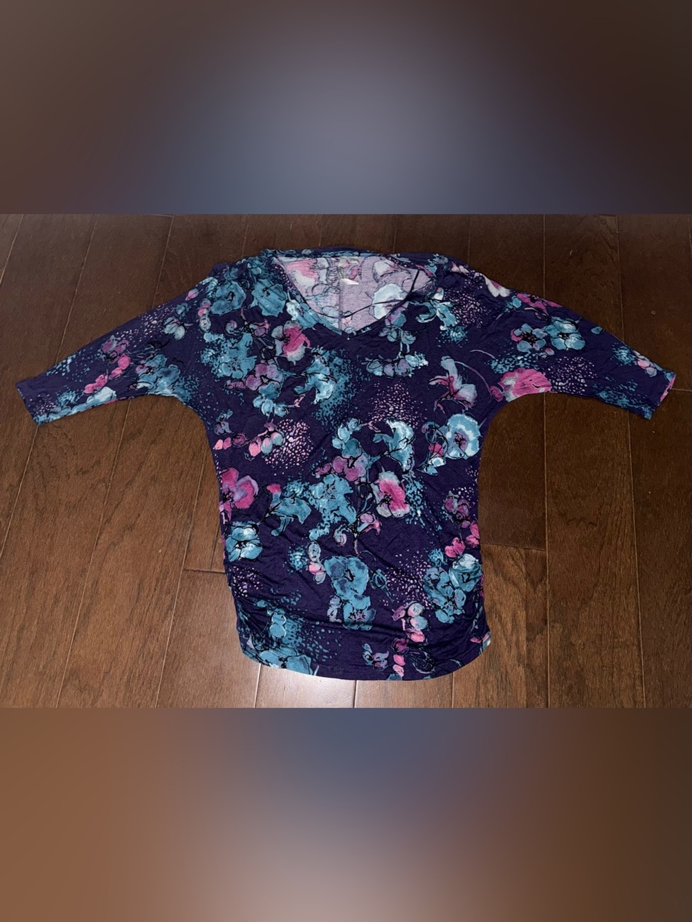 LC Lauren Conrad Navy Floral V-Neck Dolman Sleeve Top with Teal and Pink Blooms